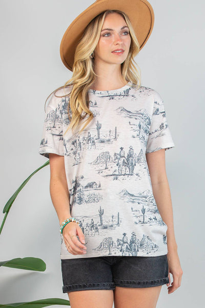 ELSA WESTERN LIFESTYLE PRINT T-SHIRT - GREY - REG/CURVY