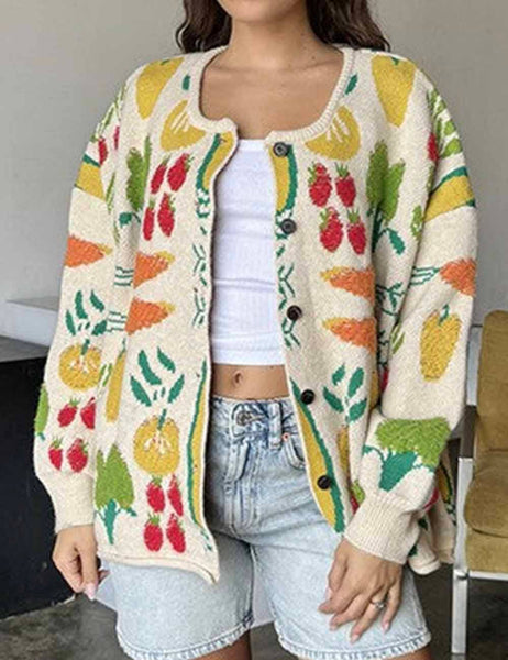VEGGIE GARDEN JACQUARD BUTTONED CARDIGAN - CREAM - REG/CURVY