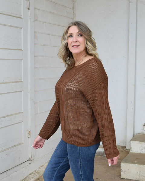 LILIA BOW CROCHET SWEATER - BROWN