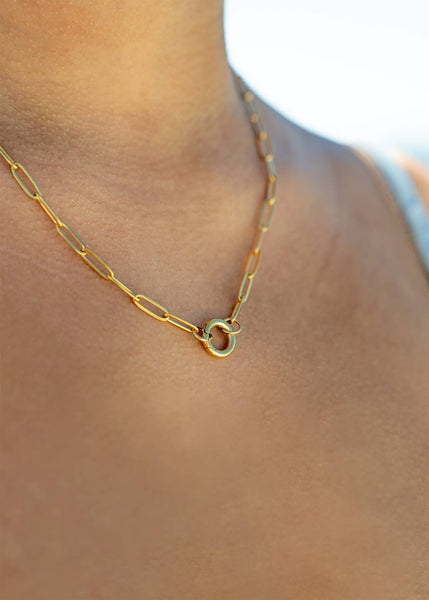 PAPERCLIP CARABINER CHARM HOLDER NECKLACE - 18K GOLD PLATED
