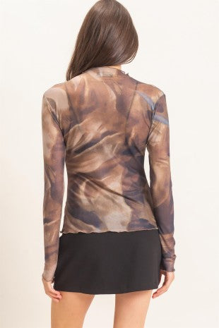 Abstract Mock Neck Mesh Top - Brown