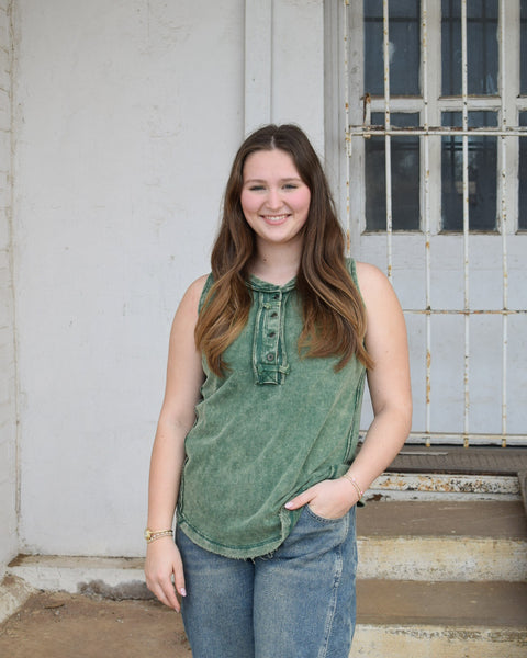 WASHED HALF BUTTON RAW EDGE SLEEVELESS HENLEY TOP - 4 COLORS - Salty Lime Boutique