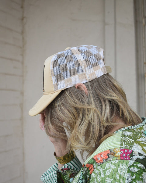 THIS MAMA RUNS ON COFFEE & JESUS TRUCKER HAT- TAN CHECKERED
