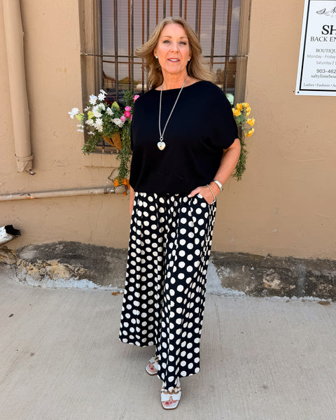 Polka Dot Printed Wide Leg Pants- Black