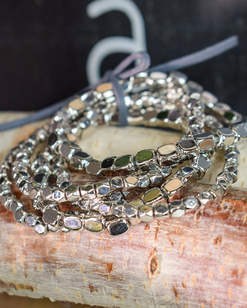 SILVER GLASS BEAD STRETCHY BRACELETS - SET OF 5