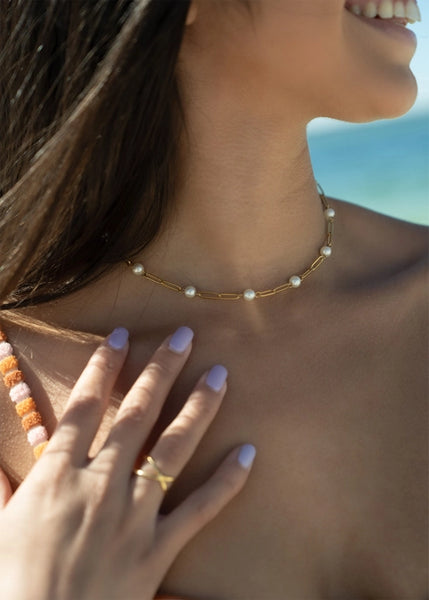 PEARL AND PAPERCLIP CHAIN NECKLACE  - 18K PLATED GOLD