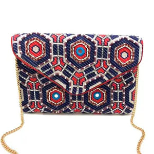 PATTERNED EMBROIDERY CLUTCH- RED AND NAVY