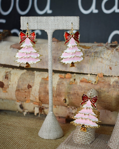 CHRISTMAS TREE WITH BOW EARRINGS - PINK
