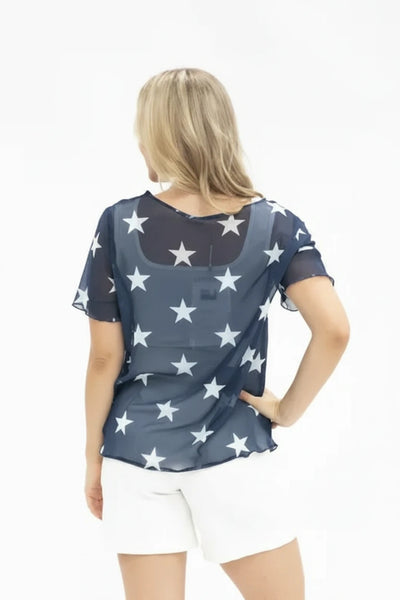 Mesh Short Sleeve Star Top - Navy