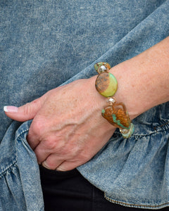 AUTHENTIC TURQUOISE NUGGET & GLASS BEAD STRETCHY BRACELET - BY A RARE BIRD