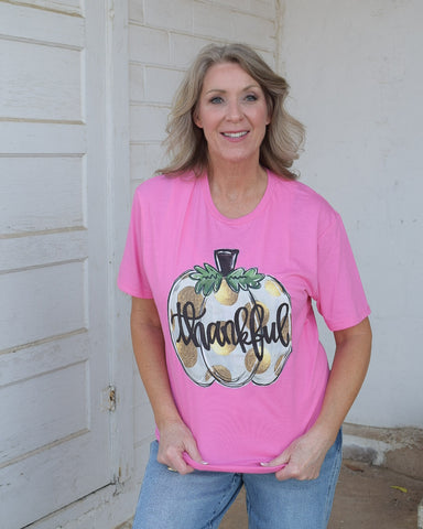 THANKFUL POLKA DOT PUMPKIN GRAPHIC TEE- BUBBLEGUM PINK