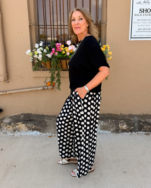 Polka Dot Printed Wide Leg Pants- Black