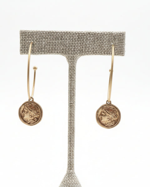 ROMAN COIN HOOP DANGLE EARRINGS- GOLD - Salty Lime Boutique