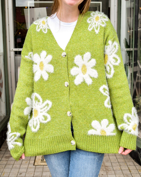 LOVE FLORAL SWEATER CARDIGAN - GREEN