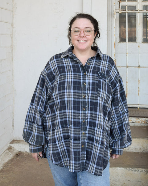 LONG SLEEVE MINERAL WASHED PLAID TOP BY EASEL - NAVY