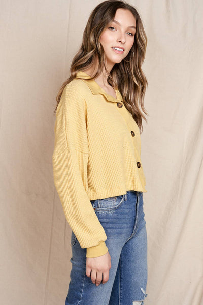 The Sunny Waffle Button-Up Top - Mustard
