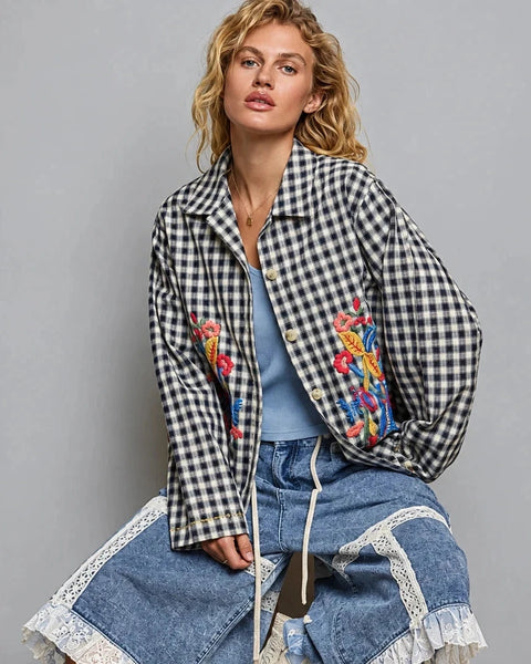 Gretta Gingham Embroidered Jacket by POL - Navy Multi