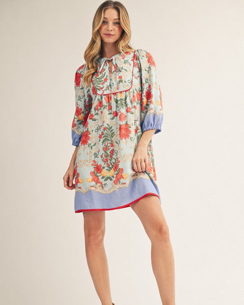 FLORAL PRITNED PEASANT MIDI DRESS - BLUE - Salty Lime Boutique