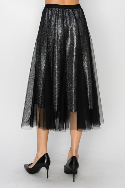 SPARKLY SKIRT WITH MESH LAYER - BLACK
