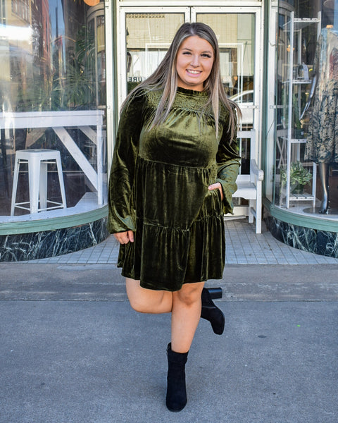 IVY VELVET DRESS - OLIVE