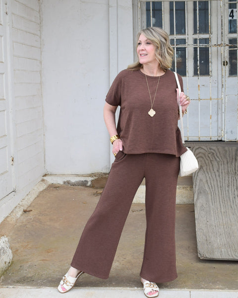 Cotton Slub Top & Pants 2pc Set SI-28027: BROWN - Salty Lime Boutique