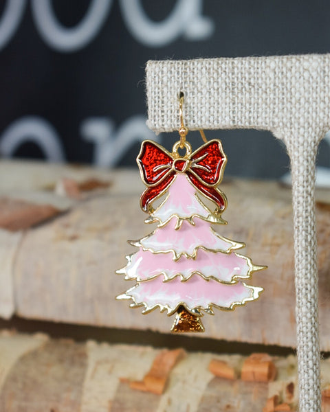 CHRISTMAS TREE WITH BOW EARRINGS - PINK