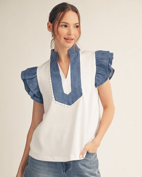 The Dixie Top - White & Denim - Salty Lime Boutique