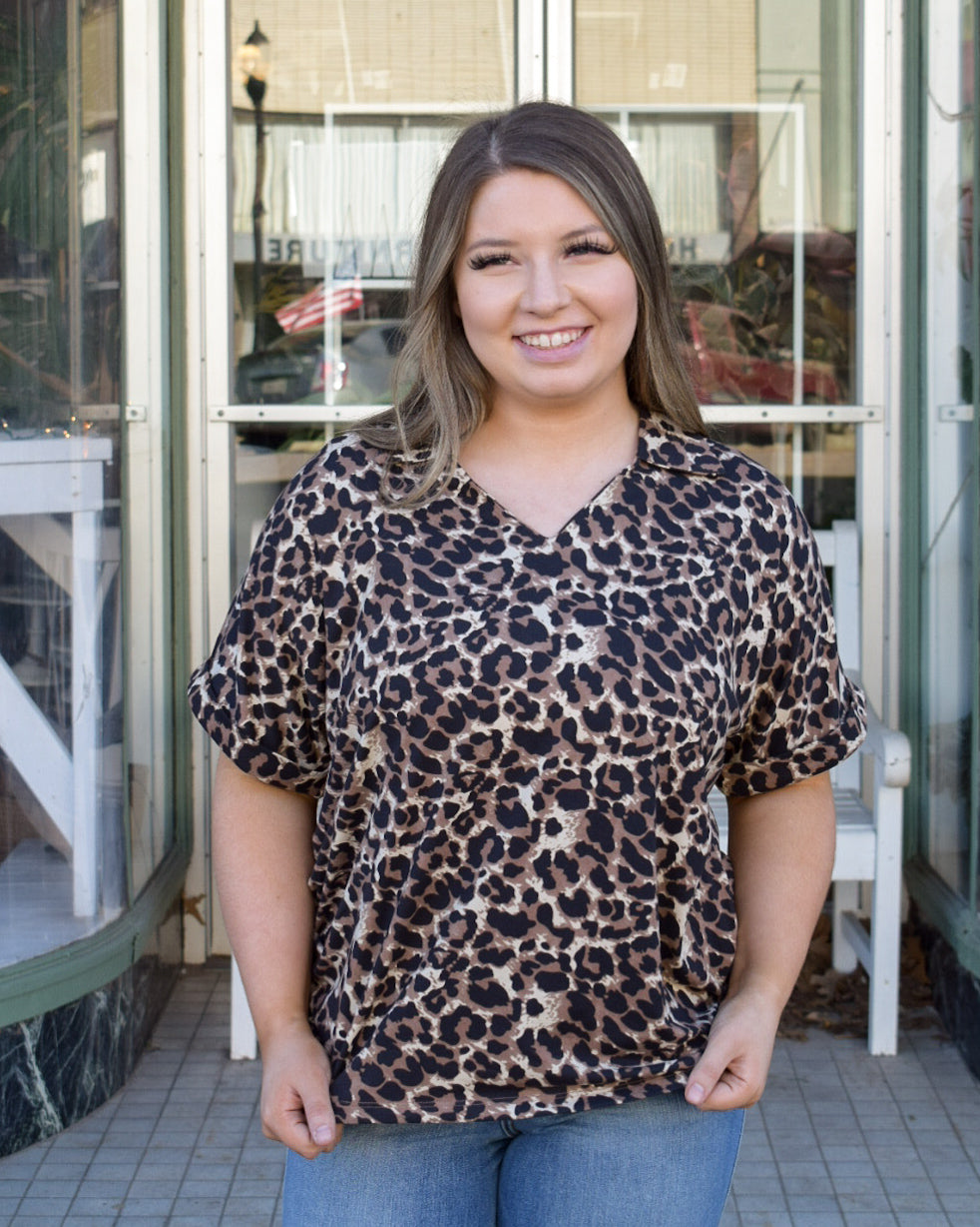 CARA COLLARED TOP - LEOPARD -  REG/CURVY