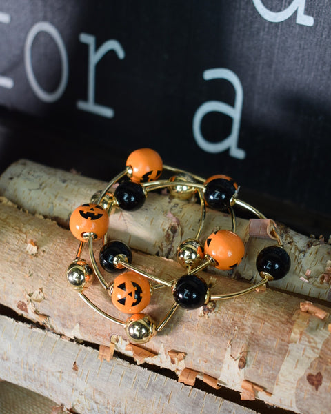 HALLOWEEN JACK-O-LANTERN BEAD STRETCHY BRACELETS - SET OF 3