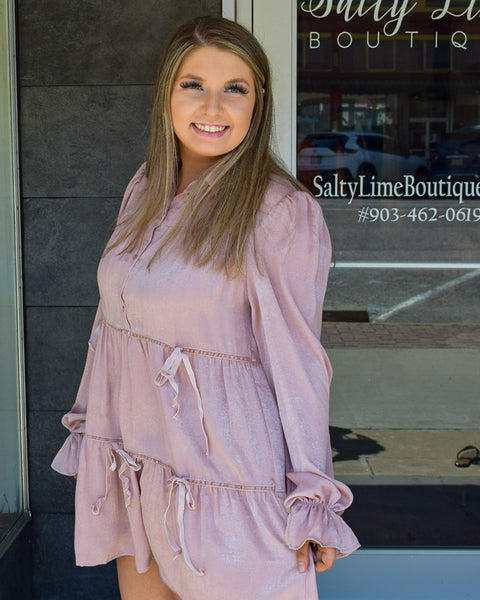 EVE SATIN SHIRT DRESS WITH BOW TIE -BLUSH