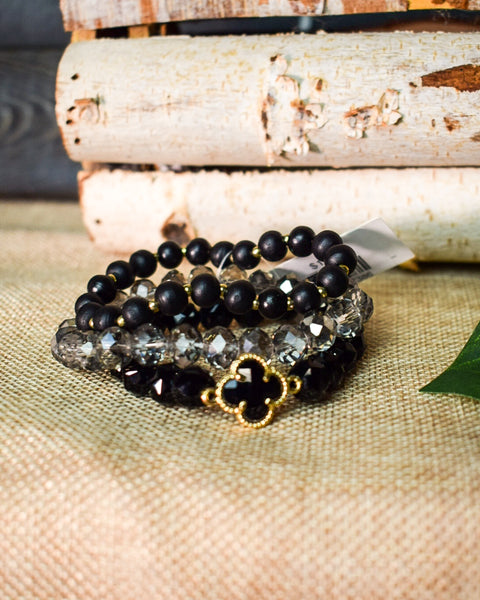 BLACK GLASS BEAD STRETCHY BRACELETS - SET OF 3 - Salty Lime Boutique