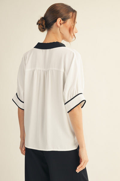 Color Contrast Detail Loose Fit Top- WHITE - Salty Lime Boutique