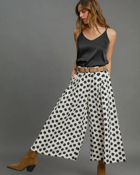 Polka Dot Printed Wide Leg Pants- Off White - Reg - Salty Lime Boutique