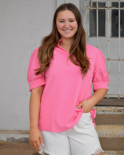 Penelope Pink Pearl Puff Sleeve Top