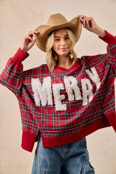MERRY CHRISTMAS PLAID SWEATSHIRT - RED