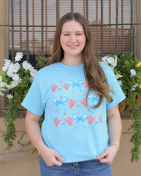 Flag & Bows Graphic Tee - Sky Blue - Reg/Curvy