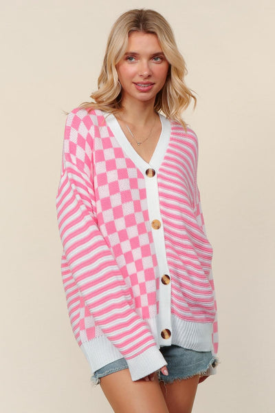 PRICILLA CHECKERED & STRIPED CARDIGAN - PINK