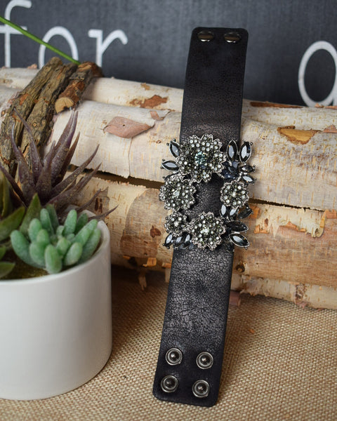 SILVER ANTIQUED FLORAL BUCKLE WITH BLACK STONES LEATHER CUFF BRACELET - 2 COLORS
