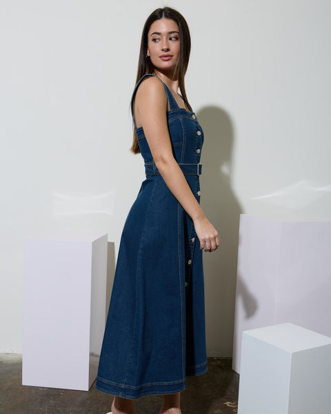 Square Neck Button Down Belted Midi Denim Dress - Salty Lime Boutique