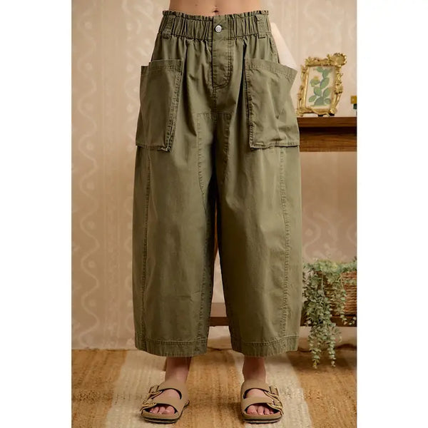 Washed Cotton Oversized Pockets Wide Cargo Pants - Olive - Salty Lime Boutique