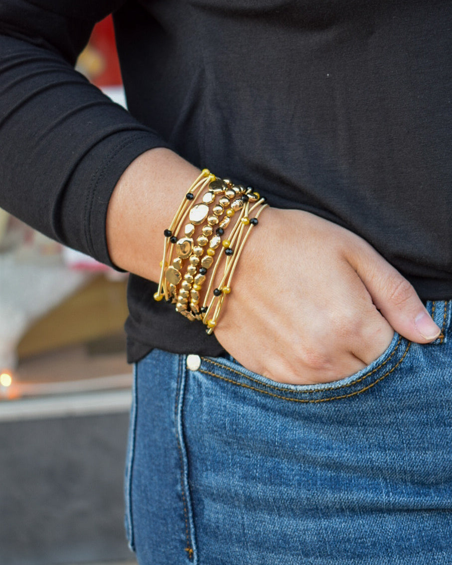 COIL MULTI STRAND BEAD STRETCH BRACELET SET - MUSTARD/BLACK