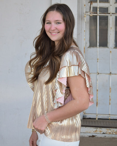 PLEATED FLUTTER SLEEVE TOP - GOLD - Salty Lime Boutique