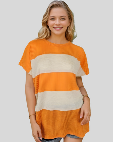 A WALK IN THE PARK STRIPED KNIT TOP - ORANGE
