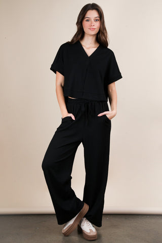 TEXTURED KNIT PANT SET - BLACK - REG/CURVY