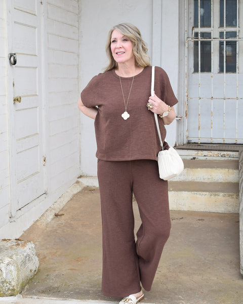 Cotton Slub Top & Pants 2pc Set SI-28027: BROWN - Salty Lime Boutique