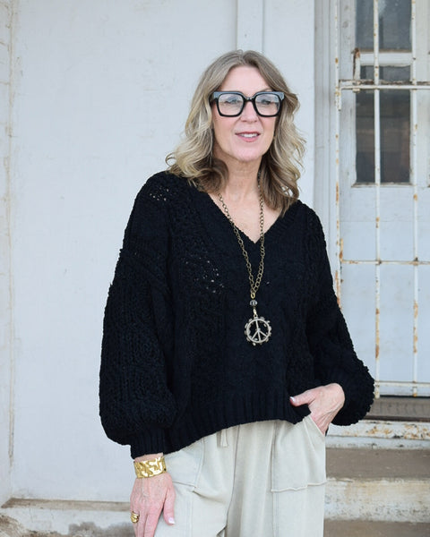BALLOON SLEEVE KNIT SWEATER BY POL- BLACK