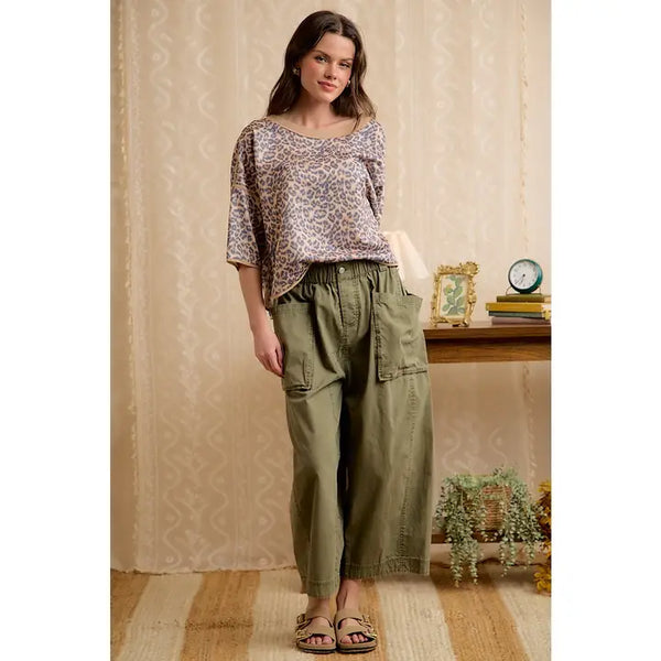 Washed Cotton Oversized Pockets Wide Cargo Pants - Olive - Salty Lime Boutique