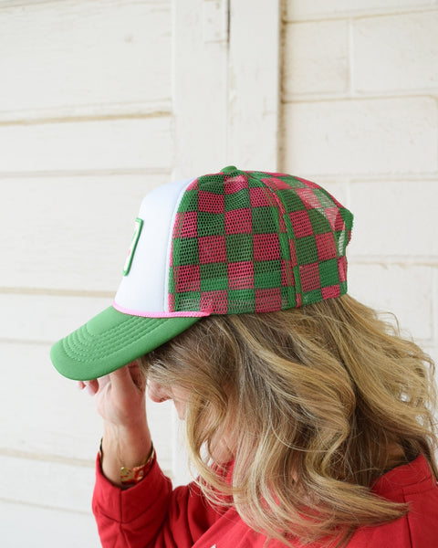 SPICY MARG QUEEN TRUCKER HAT -PINK & GREEN CHECKERED