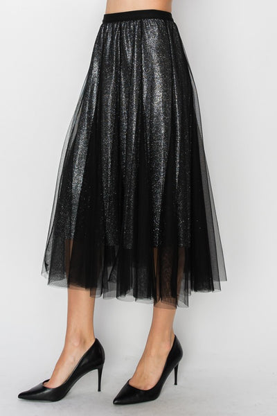 SPARKLY SKIRT WITH MESH LAYER - BLACK