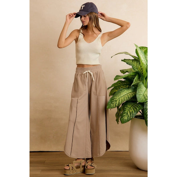 French Terry Out Seam Detail Tulip Hem Pants- Taupe - Reg/Curvy - Salty Lime Boutique
